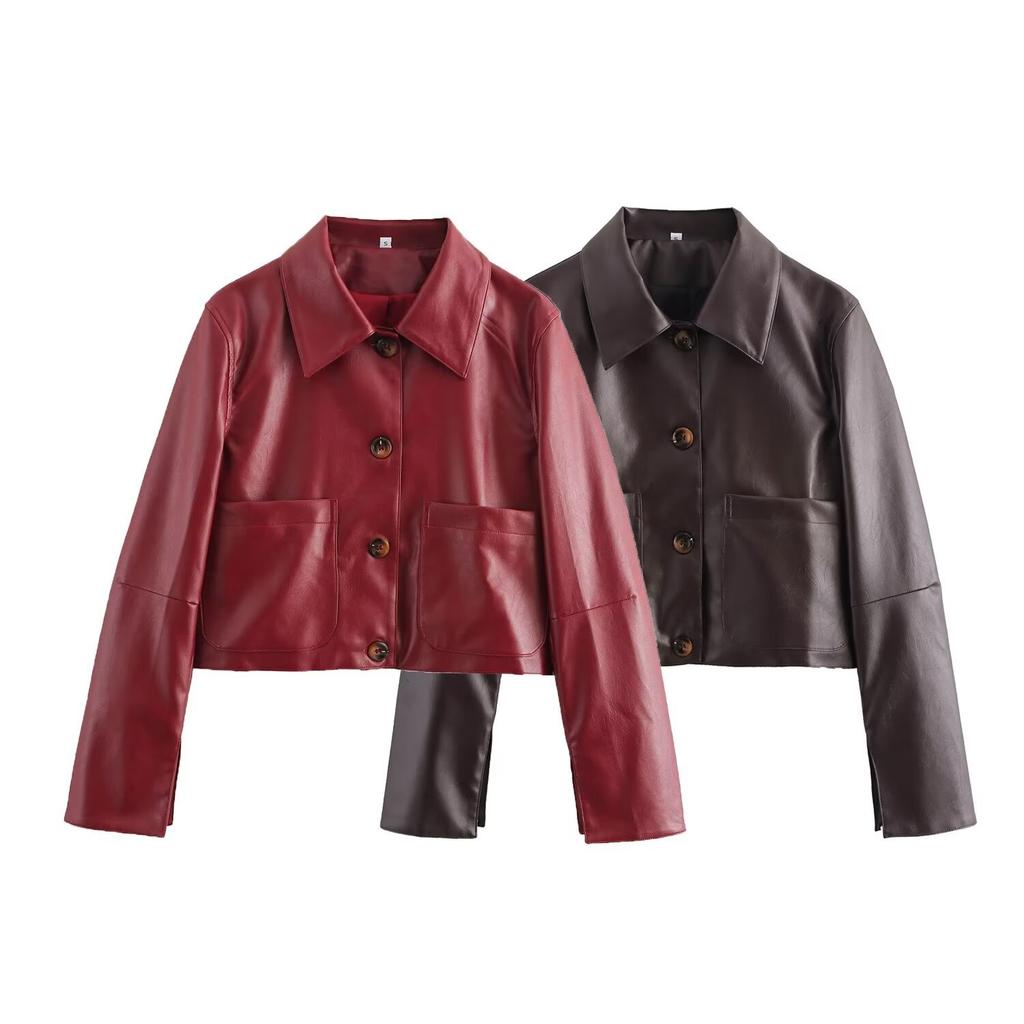 Autumn new women's clothing, European and American style French design sense fashionable versatile short cuff split leather jacket