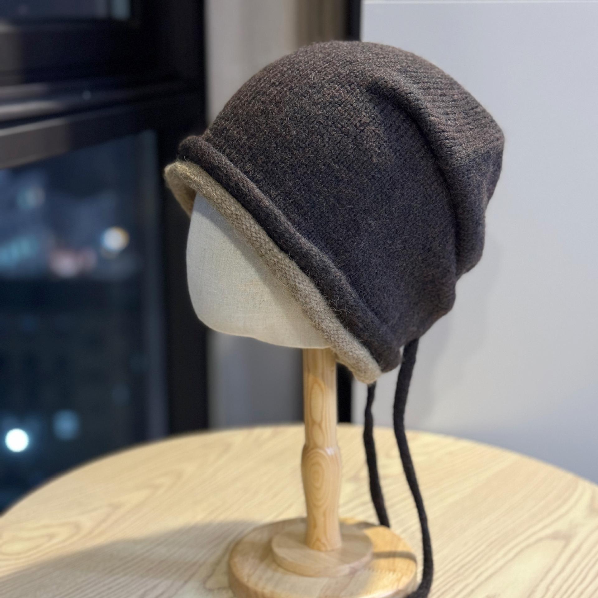 

Корейский стиль Осень и Зима Вязаная шапка с завязками и кудрями для женщин Уличная Простая Теплая для Большой головы и Маленького лица Шерстяная шапка Холодная шапка one size