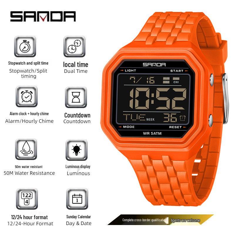 SANDA Unisex Fashion Square Multifunctional Wristwatch – Waterproof, Alarm, Electronic Timer.