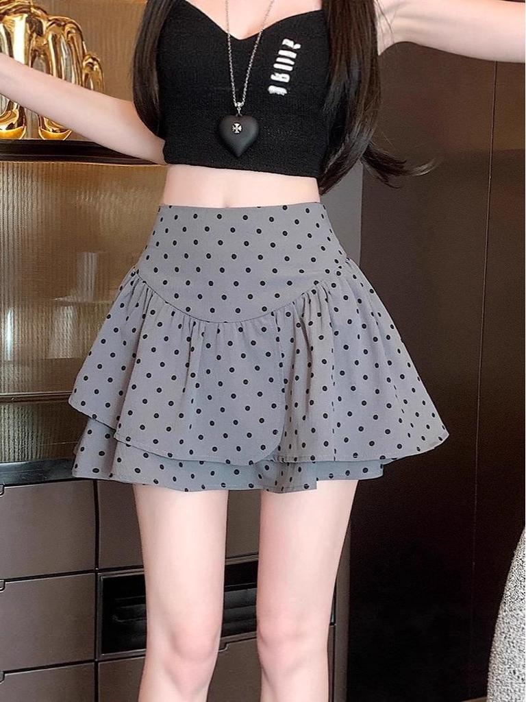 Women's Gray Polka Dot Ruffled Mini Skirt - High Waist, Fluffy, Slimming, Irregular Hem