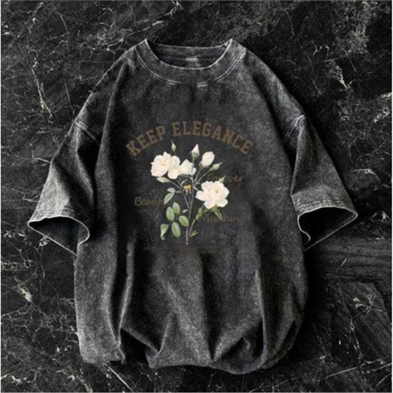 T-shirt Oversize Imprimé Floral Lavé Vintage Retro Usé Manches Courtes Y2K Streetwear Haut Femme Harajuku T-shirt Lâche 2XL