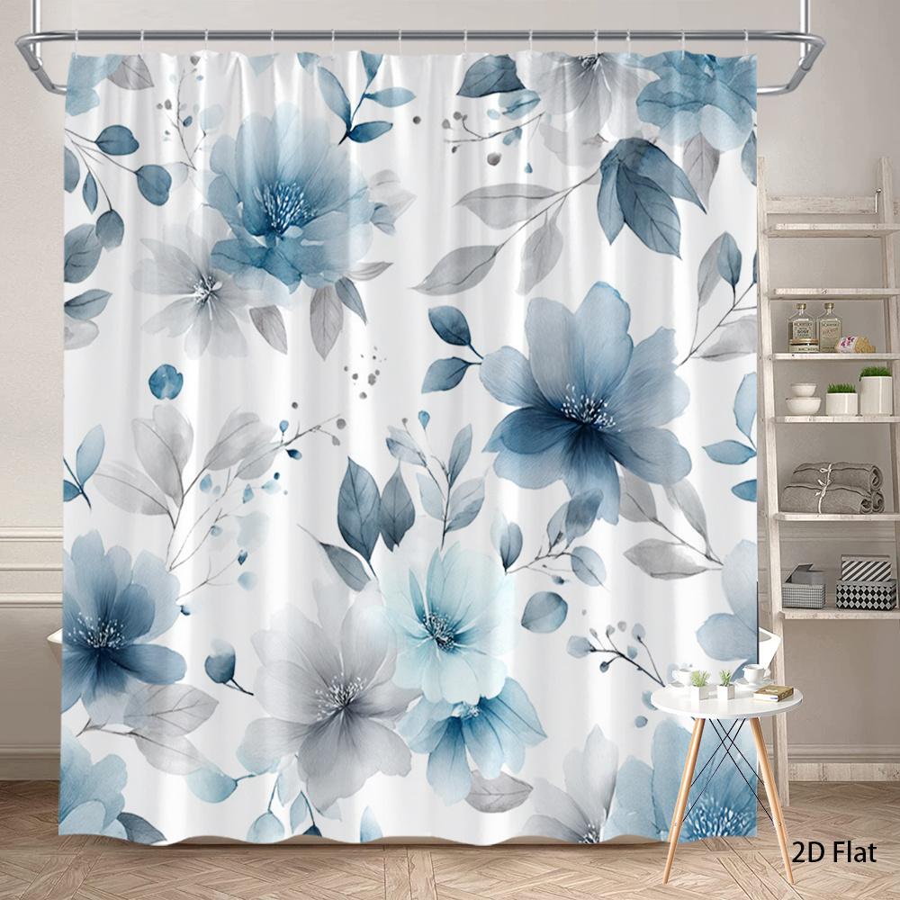 

Blue Watercolor Floral Pattern Shower Curtain, Polyester Fabric, Machine Washable, With Hooks, Bathroom Decoration. W60H190(CM)-1 Pcs