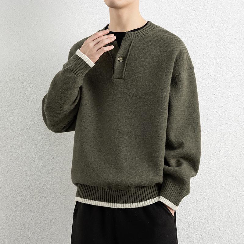 

Men s Retro Thickened Round Neck Henley Sweater & Knitwear Set for Autumn Winter XXL зелений