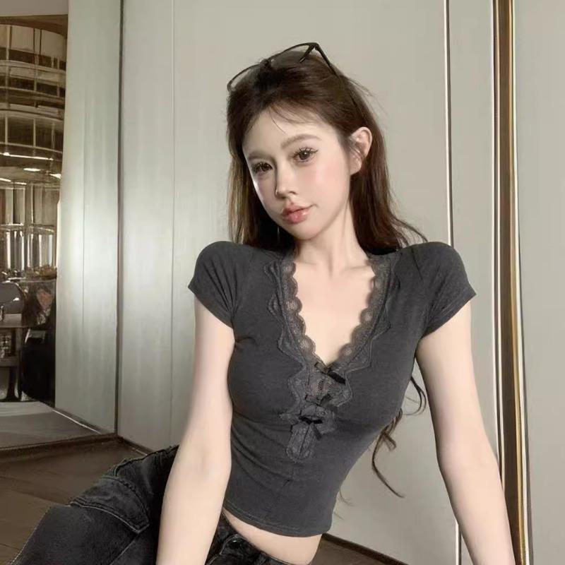 Women Grey Ribbed Lace Trim Bow V Neck Short Sleeve Cropped Top