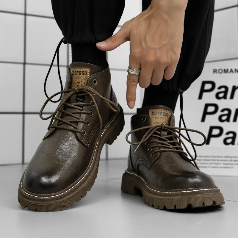 Fashion Brand Autumn Winter Shoes Men Leather Boots Thick Sole Non-slip Warm Plush Cold Winter Cow Leather Male Ankle Botas Black