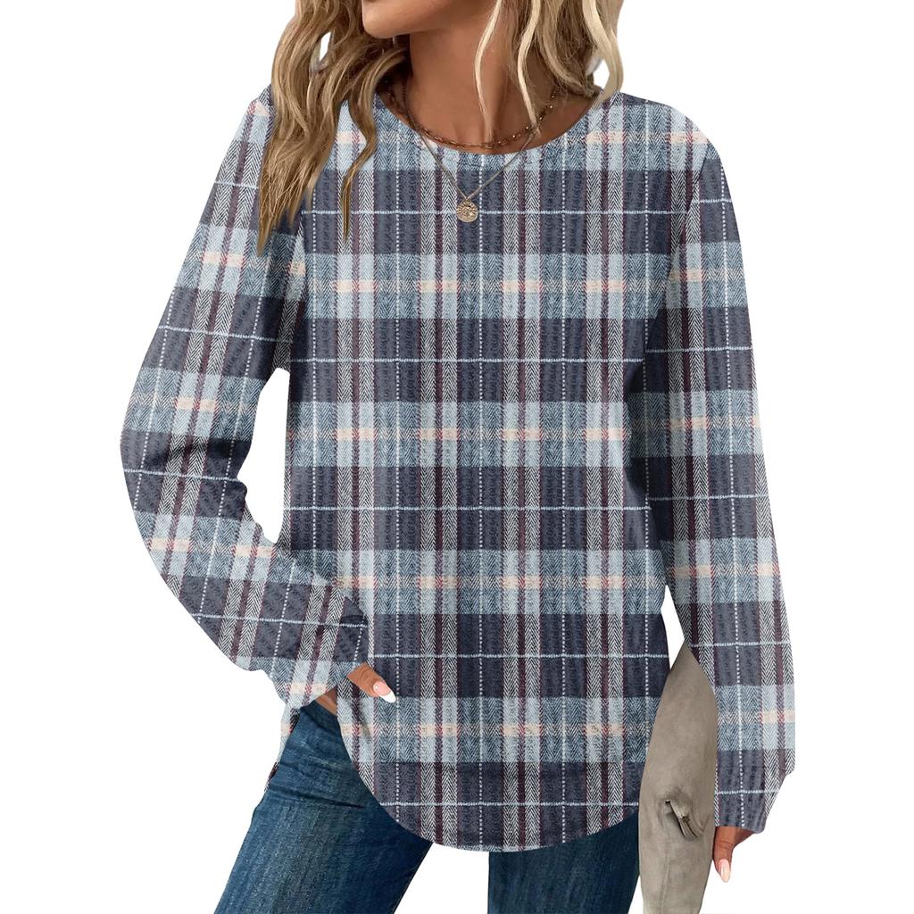 Damrutig tryck rund hals långärmad ledig lös topp