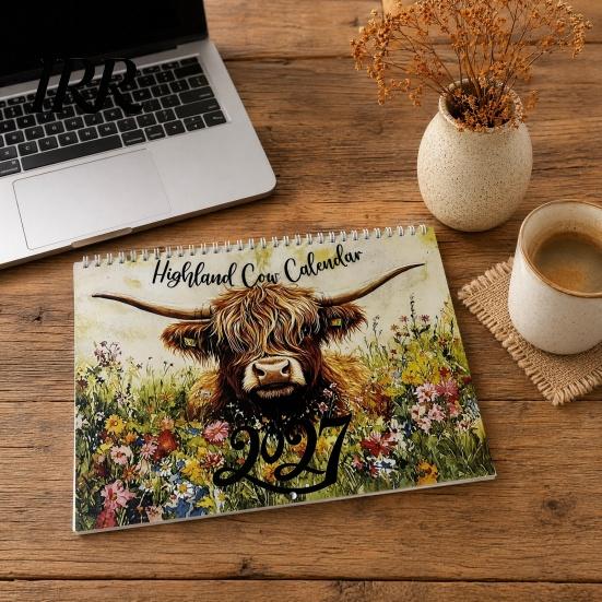 Ink Proof Planner Highland Cow Calendar 2027, 12 Month Wall Hanging with Monthly Planning Large Daily Blocks, Home Office Organizer, Lover Gift
