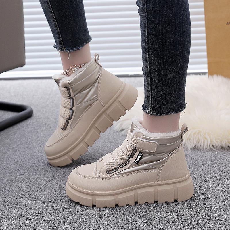 Damen Winter Schnürstiefel mit dicker Sohle Fell eins leicht warm kälteabweisend gefüttert Schneestiefel rutschfest abriebfest lässige Sneaker Baumwollstiefel Board Schuhe