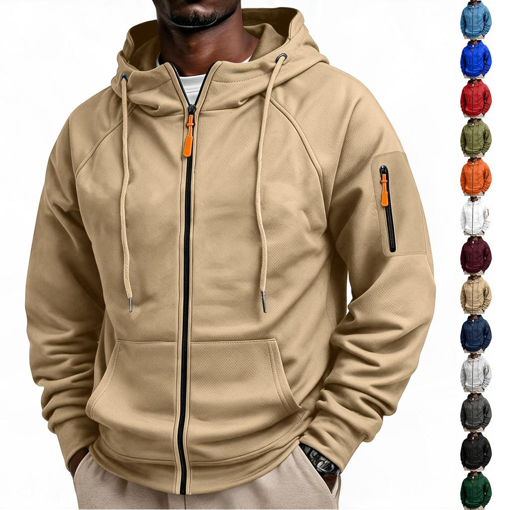 Men's Zip-Up Hooded Jacket with Raglan Sleeves for Fitness and Casual Wear