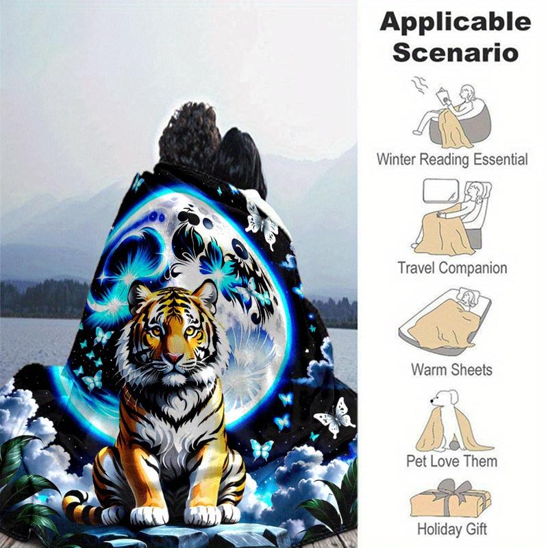 1pc Tiger Printing Lightweight Flannel Blanket, Comfortable and Warm Blanket, for Camping Sofa Bed and Couch Office, in All Seasons