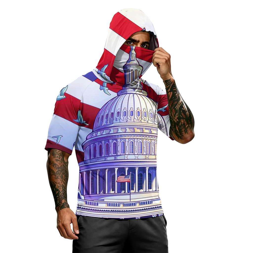 Men's Summer Independence Day Color Block Quick Dry Short Sleeve Tee, UPF 0+ UV Block Fishing & Sports Sun Hoodie