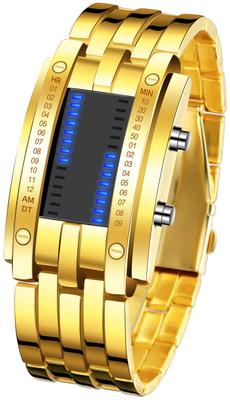 FANMIS Kreative Binärmatrix-Digitaluhr mit blauer LED, modisch, klassisch, schwarz plattiert, wasserdicht, mit LED-Hintergrundbeleuchtung, Armband, Herrenuhr, Gold, digital.