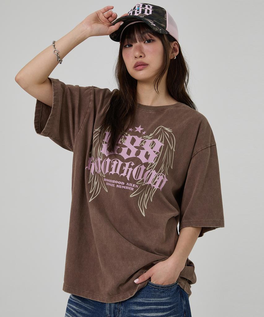 HOODHOOD 888 Angel Graphic Washed Short Sleeve T-Shirt Brown