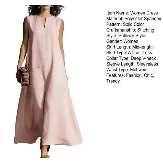 Summer Sleeveless Dress for Women Casual V Neck Long Tank Dress Flowy A-line Beach Sundress with Pockets