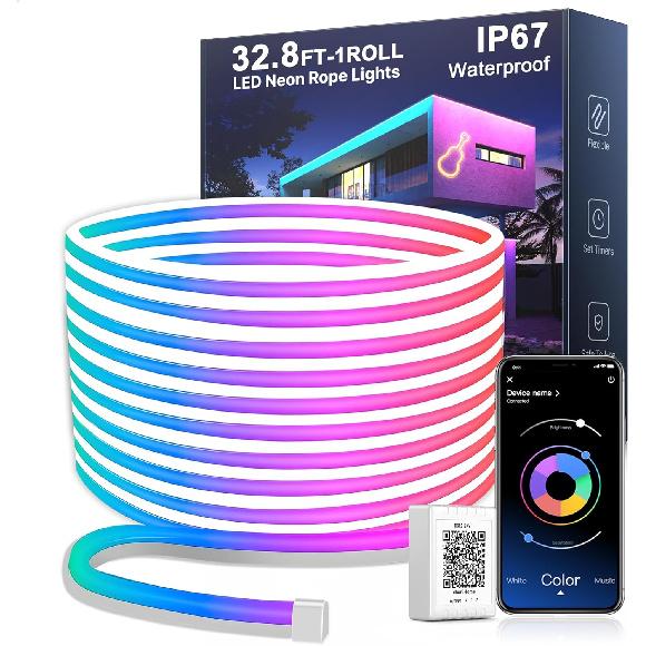 Nexillumi 32.8FT Neon LED Rope Lights IP67 Waterproof LED Lights for Bedroom Flexible LED Light Strip with Remote and APP Control RGB Lighting Strip