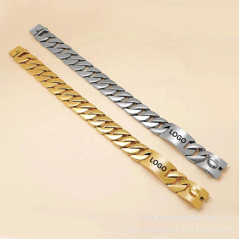 Engraved Titanium Steel Dog Collar & Leash Set with Gold Curved Plate - 32mm Stainless Steel for Large Dogs