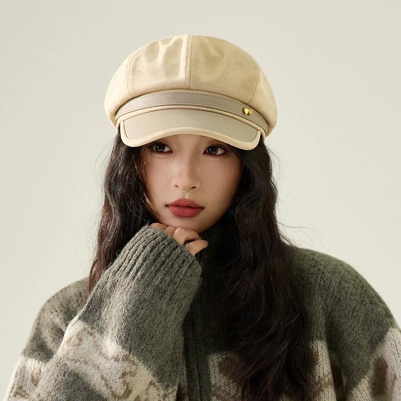 Vintage Heart Label Octagonal Hat for Women New British Retro Velvet Painter's Hat for Spring and Autumn Ladies Casual Cap