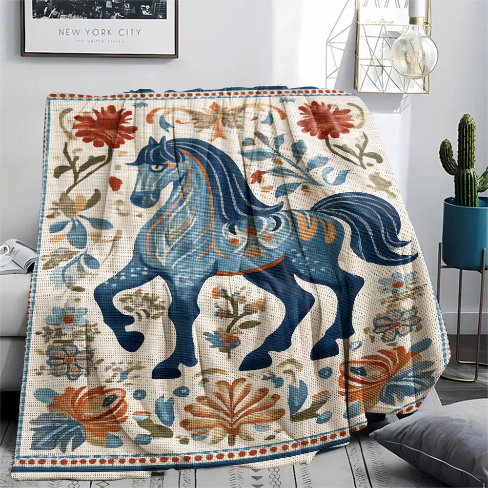 Blumenpferd-Print Flanelldecke, Hohe Qualität, Bequem für alle Jahreszeiten, Heimdekoration, Wärme und Komfort, Perfekt für Weihnachtsgeschenke