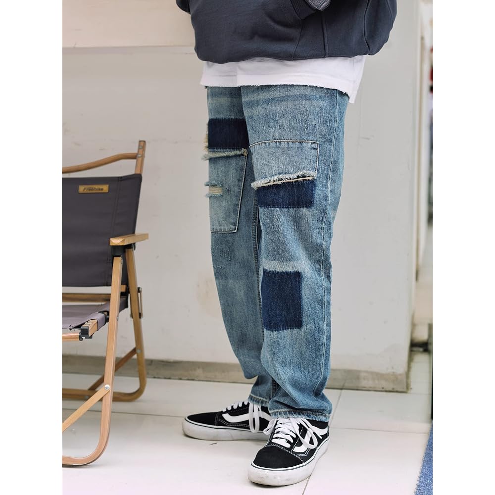 Change Well Men's Vintage Style Straight Casual Denim Pants Blue Size 28 with Distressed Design