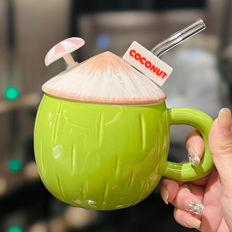 

Керамическая чашка в форме кокоса, креативная, милая, с крышкой, студенческая, для завтрака, для молока, для овсянки, с соломинкой, десертная чашка, сувенир 430ml