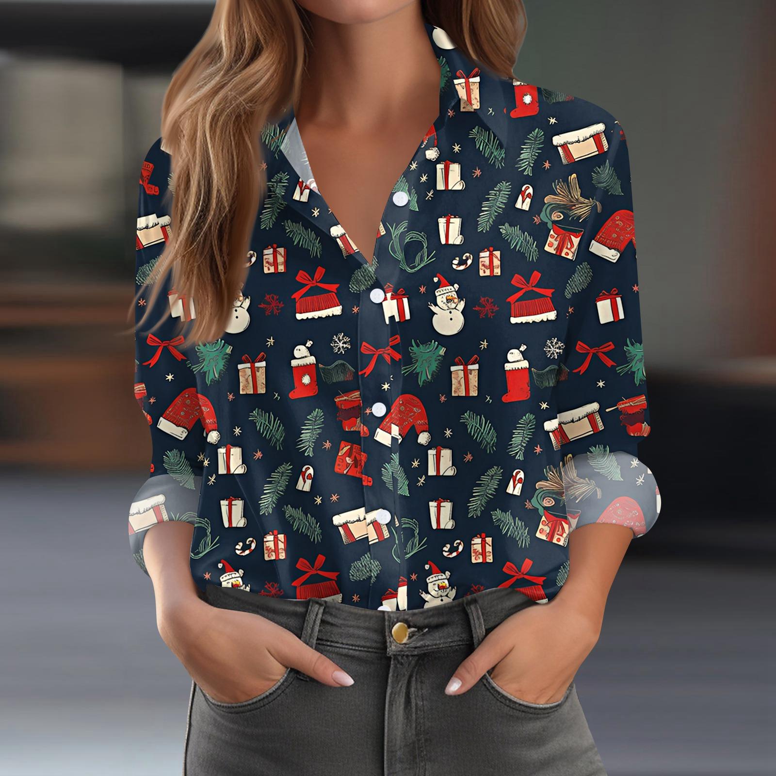 

Женская рубашка-блузка с рождественским принтом и пуговицами, длинный рукав, повседневный базовый рубашечный воротник, обычный топ S тёмно-синий