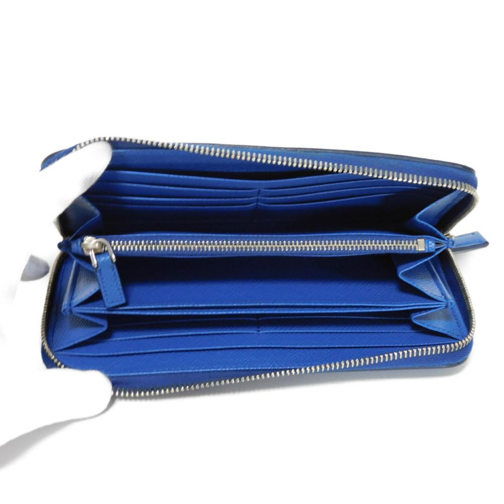 Used 11569 Saffiano Stripe Round Zip Wallet 2ML317 7940 Gray Zip Around Logo Metal Blue Unisex from Japan AUTHENTIC