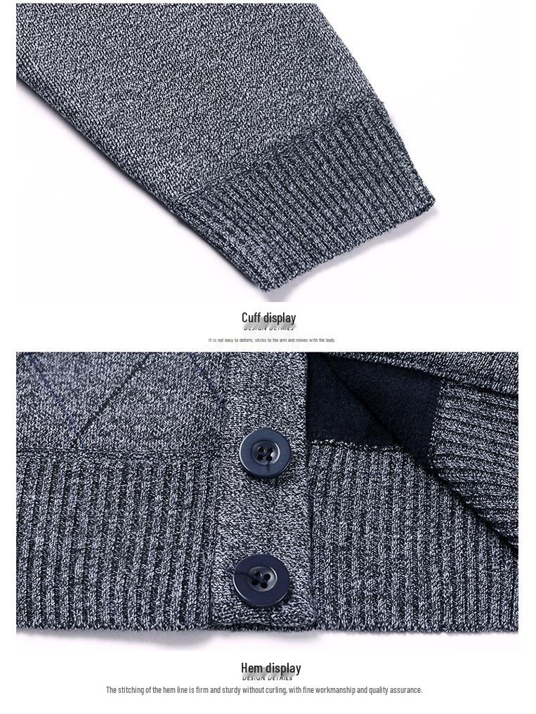 Men's V-Neck Jacquard Sweater Coat - Plus Velvet Knitted Cardigan for Autumn/Winter