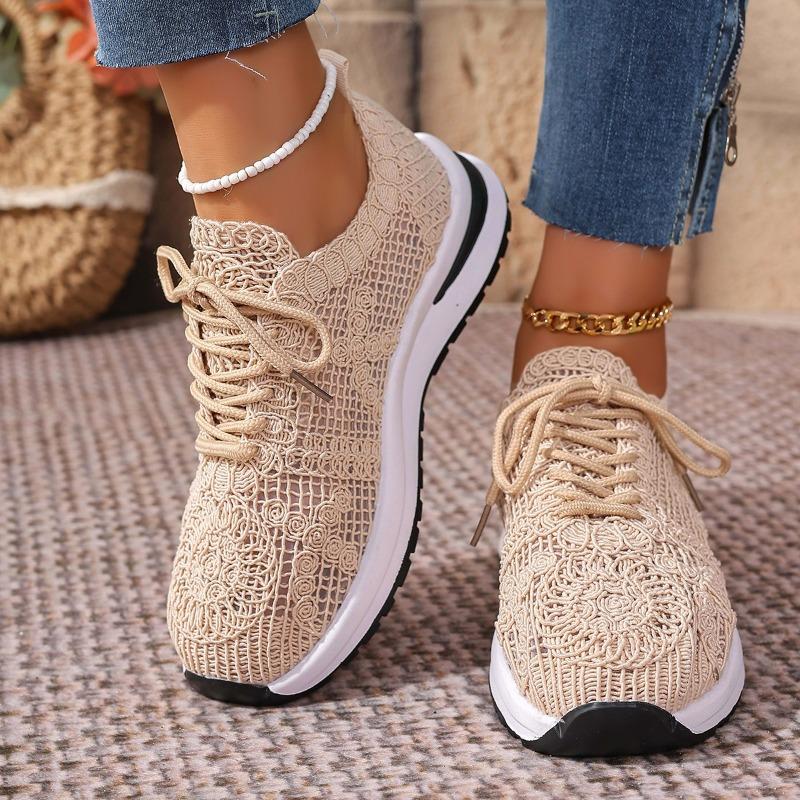 Spring New Comfortable Sneakers Round Toe Embroidered Lace-Up Front Mesh Breathable Non-Slip Flat Sneakers