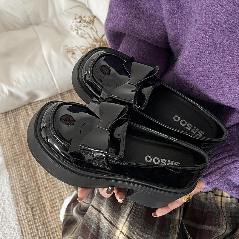 Black bow thick heel platform small leather shoes women's skirt one pedal loafer single shoes