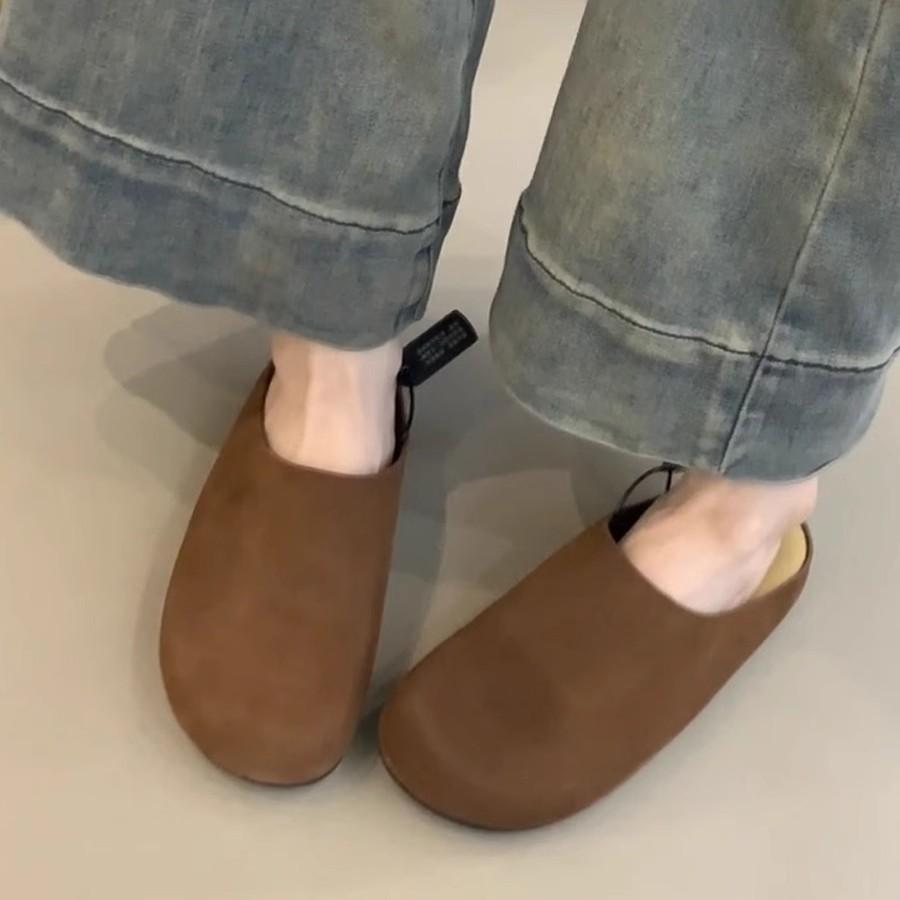 Soft Leather Version~ Baotou Boken Shoes for Women To Wear Retro One-pedal Lazy Half Slippers Versatile Thick-soled Muller Slippers