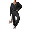 Women's  Casual Fashion Woolen Knitting Set V-Neck Loose Top + Solid Color Wide Leg Straight Pants Sweater Two Piece Set