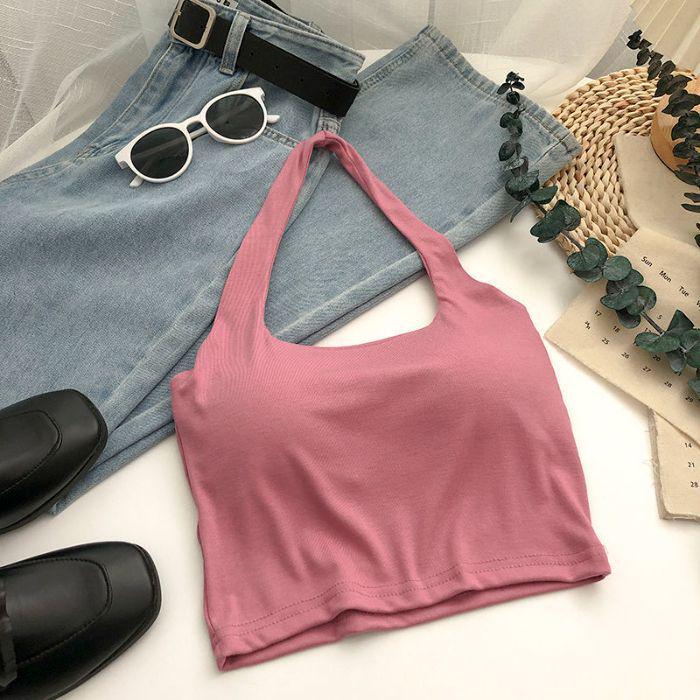 Korejský šikový top s halterneckem: Letní trendy top slim fit s hrudní vložkou