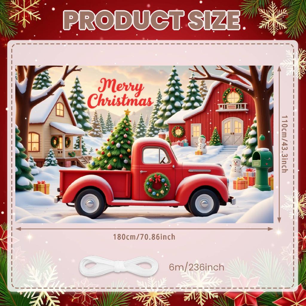 Winter Holiday Banner Red Truck Design Xmas Display Holiday Backdrop Wreath Ornament Snowy Christmas Backdrop For Christmas