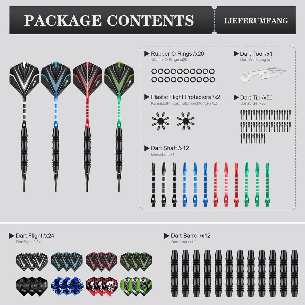 CyeeLife Plastic Soft Darts, 12-Piece Set, 20g Professional Soft Darts for Electronic Dartboards