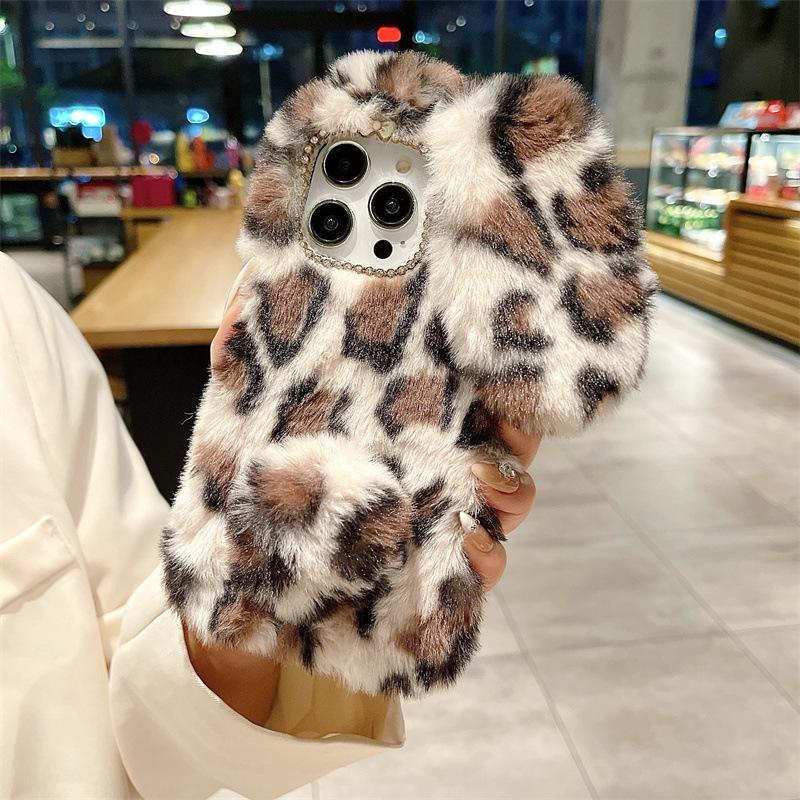 Custodia in Peluche con Stampa Leopardata Cartone Animato e Pelliccia di Coniglio per iPhone 17 Air 16 13 12 11 Pro Max XS XR X 7 8 Plus Copertura Antiurto