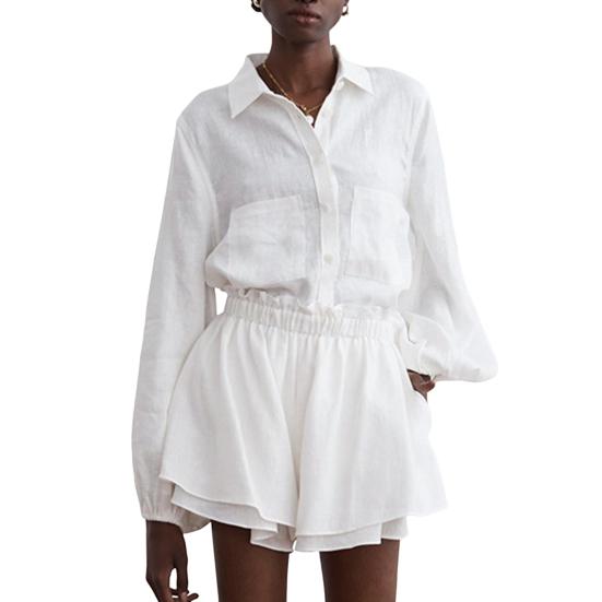 

Женский комплект из 2 шт./компл., эластичные плиссированные брюки на шнуровке с длинной талией, рубашка, шорты, однобортные с рукавами-пузырьками 2XL белый