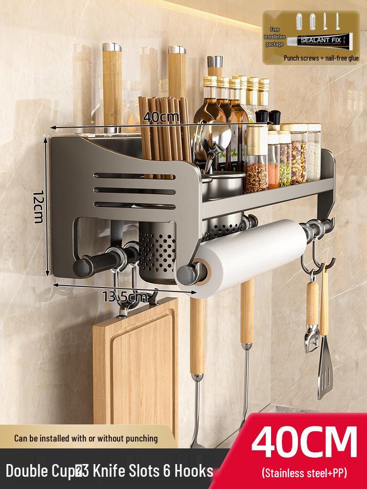 Lochfreies Wandmontiertes Küchenregal aus Edelstahl zur Aufbewahrung von Gewürzen, Essstäbchen und Messern