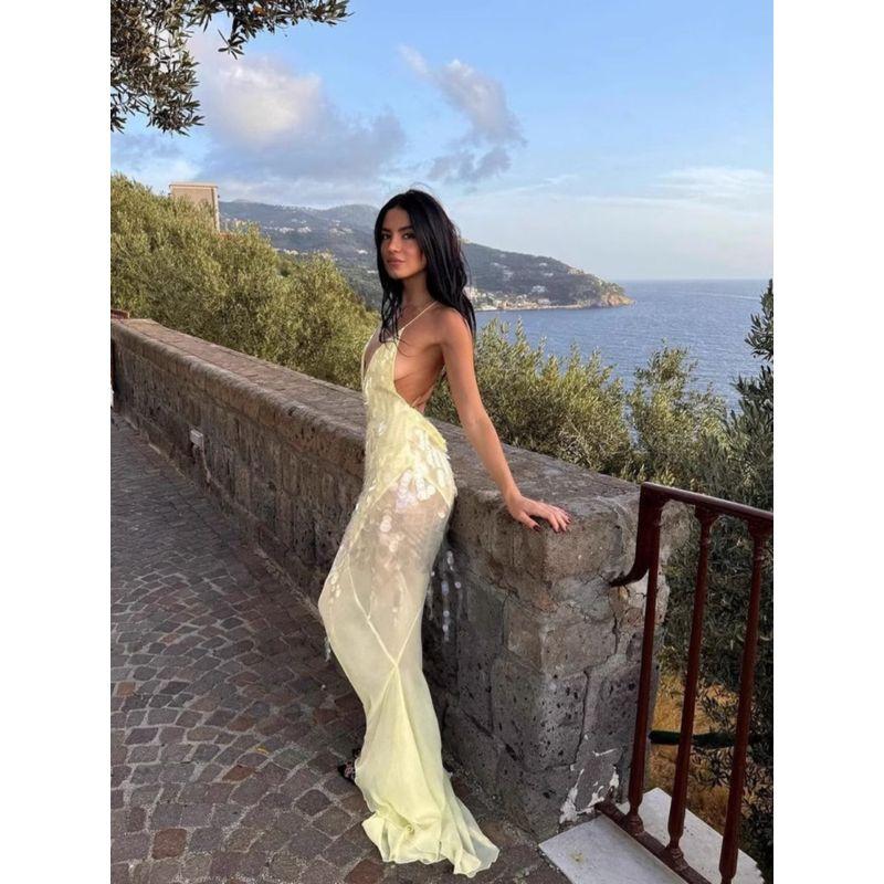 European and American Women Clothes V-neck Sexy Sling Backless Slim Fit Sequin Fishtail Formal Dress Beach Seaside Photography Yellow Long Dress