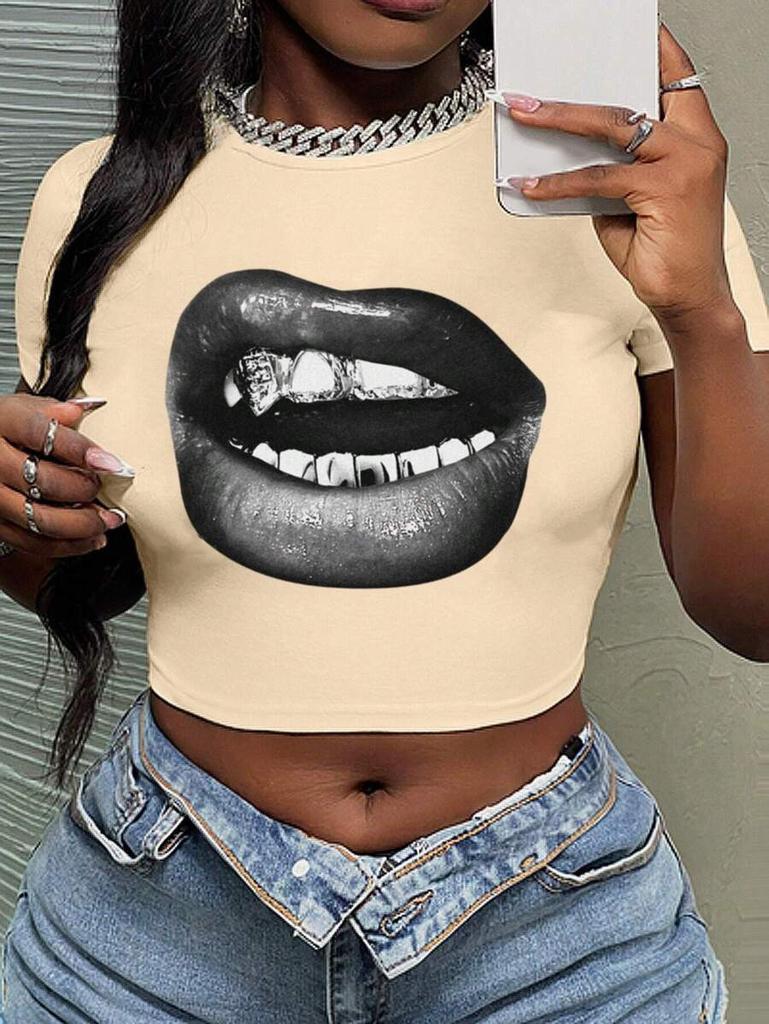 Frühling und Sommer ins heiße süße und würzige imperiale Schwester Stil kurzärmeliges lässiges T-Shirt Pullover D Lippenabdruck kurzärmeliges Oberteil