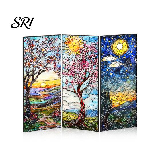 Colorful Folding Screen Mini Decorative Stained Glass Effect 3 Panel Divider Acrylic Desktop Office Desk Decoration Ornament for Home Living