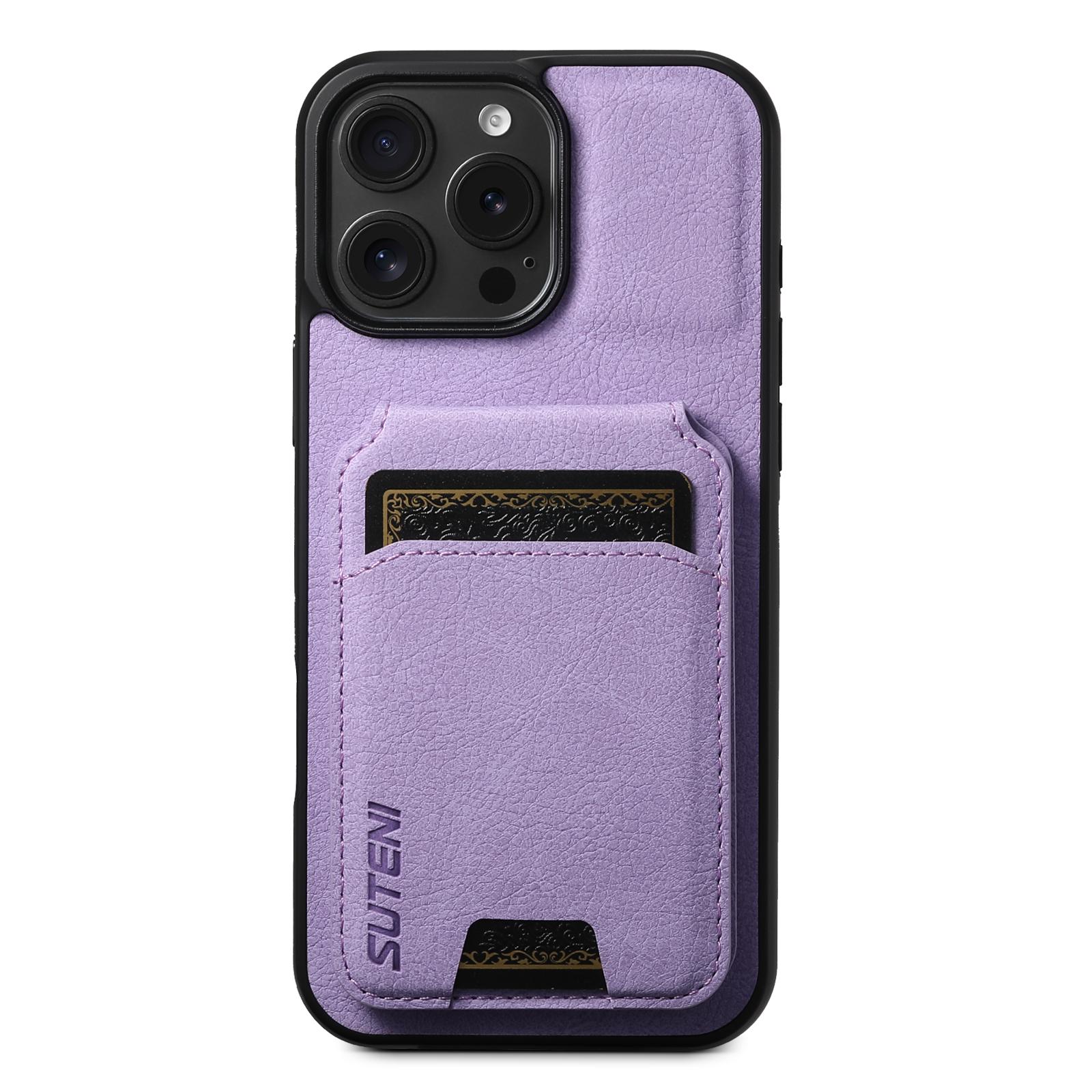 

SUTENI H02 For iPhone 16 Pro Max Case Card Slots Kickstand Litchi Texture Leather+TPU Cover A