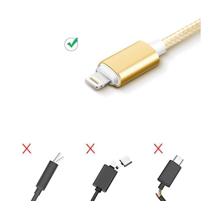 Câble USB - E.F.CONNECTION - Pack de 2 - 1M - Compatible iPhone et iPad - Nylon Tressé Doré
