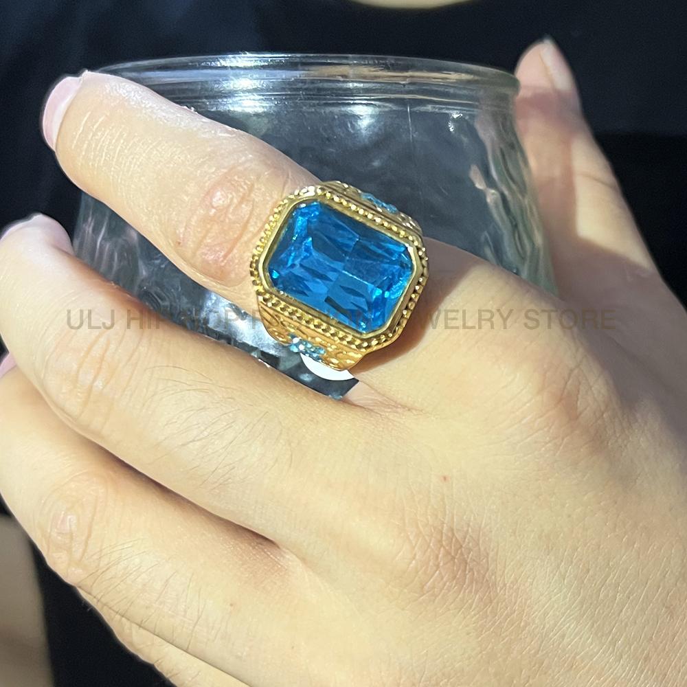 Hip Hop Iced Out Blue Square Ring Male Golden Color Stainless Steel Big Rapper Rings For Men Fashion Party  Gift