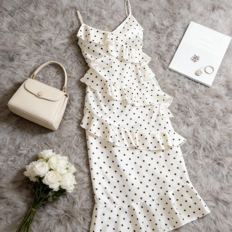 Spring and summer new waist thin pure desire lotus leaf edge thin long skirt French polka dot suspender dress women