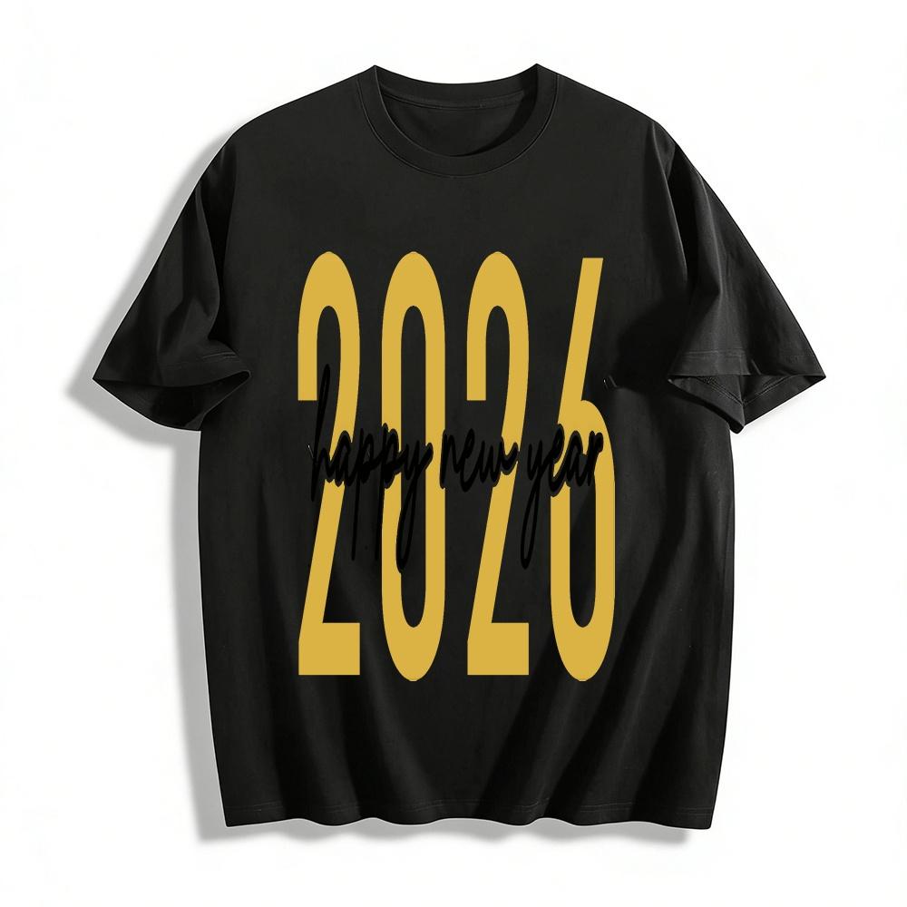 

2026 Happy New Year Print Casual Loose Fit Crewneck Top Pure cotton T-shirt XXS