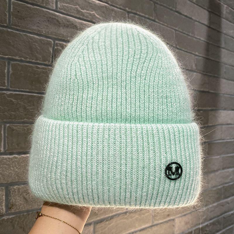 Knit Beanie Hat Rabbit Hair Blend Metal Letter M Label Warm Ear Protection Winter Autumn Trendy Skullcap Women