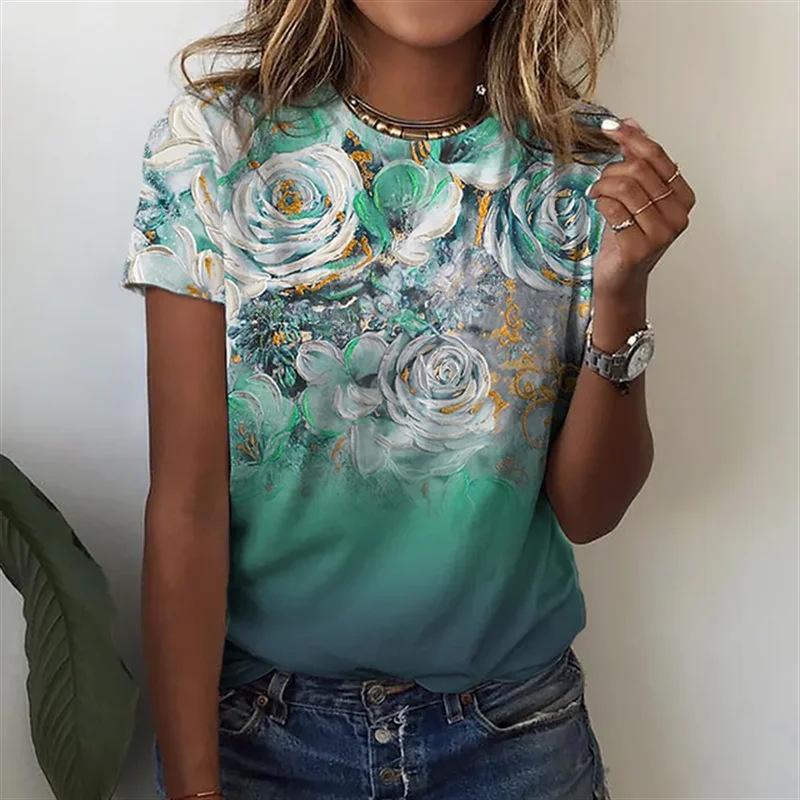 Women's 3D T-shirt with Digital Printing Round Neck Loose Short Sleeved T-shirt