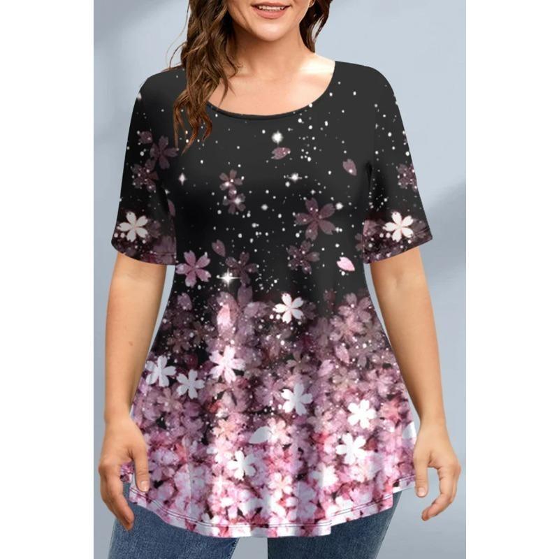 Summer Round Neck 3D Floral Butterfly Printed Top Fashionable Casual Short Sleeved Women's Plus SizeT-shirts