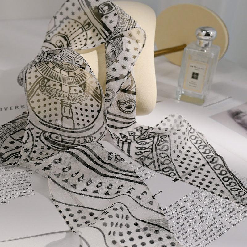 [Georgette] Black and white letter silk silk scarf women s spring and summer new 100% mulberry silk streamer premium headband 150*10cm