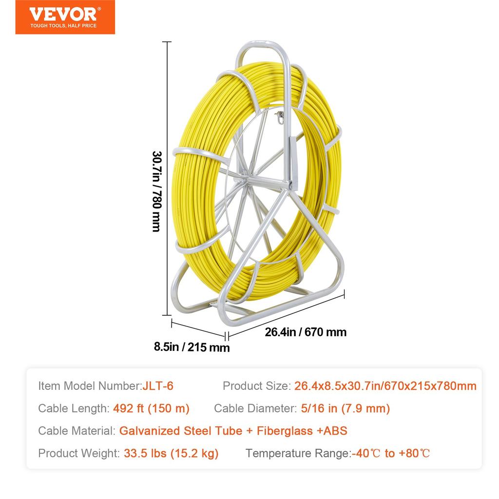 VEVOR Fish Tape Fiberglass, 150.3 M, 8.0 Mm, Duct Rodder Fishtape Wire Puller, Cable Running Rod with Steel Reel Stand, 3 Pulling Heads